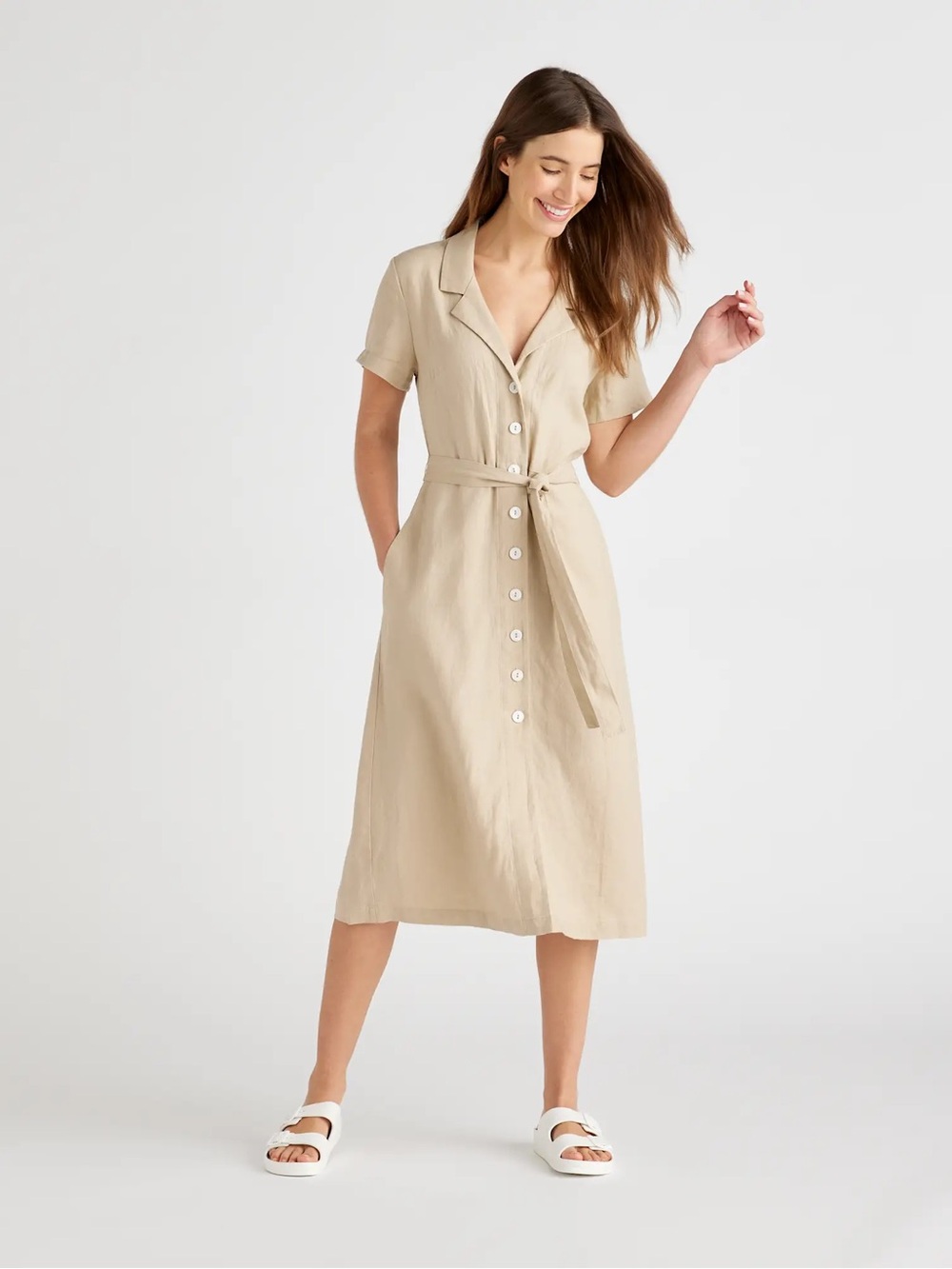 Quince Tan Short-Sleeve Button-Front Midi Dress - Picture 6 of 6